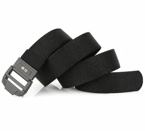 Close-up of durable tactical nylon belt with zinc alloy double ring buckle and logo