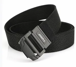 Detail view of black elastic nylon tactical belt with matte black double-ring buckle