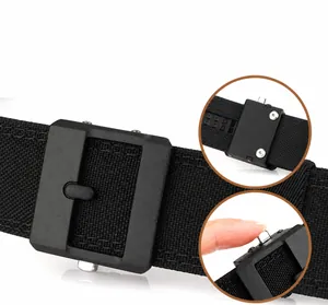 Detail of tactical double-layer nylon belt featuring a matte black automatic buckle mechanism