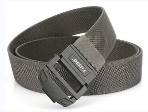 Close-up of dark grey elastic nylon tactical belt with matte black double ring buckle