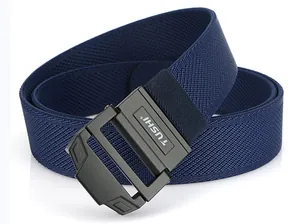 Detail shot of navy blue elastic nylon belt with black metal double-ring buckle