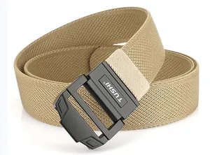 Detail of khaki elastic tactical belt showing the matte black double ring buckle finish