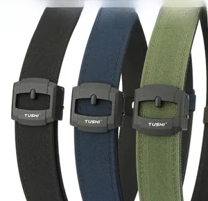 Detailed comparison of tactical nylon belts in black, navy, and olive green with TUSHI buckle