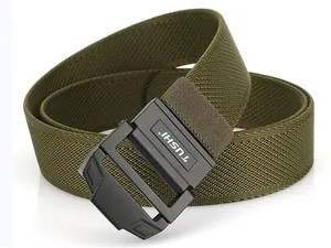 Close-up of military green tactical nylon belt with matte black TUSHI brand buckle