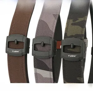 Three variants of tactical nylon belts with zinc alloy buckles in brown, grey and green camo