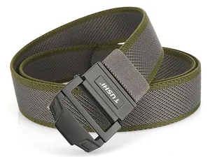 Macro shot of durable olive and grey woven tactical belt with black matte metal buckle