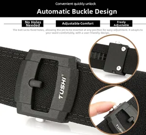 Detail of black tactical canvas belt with TUSHI automatic buckle and adjustable design