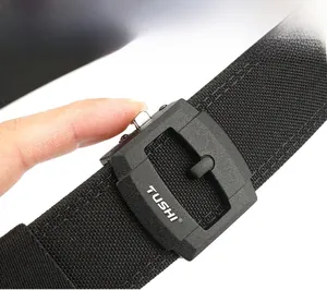 Close-up of black tactical belt showing double-layer fabric and quick-release buckle mechanism