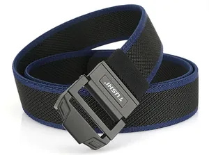 Detail of tactical nylon stretch belt with double ring buckle and woven texture