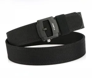 Detail of reinforced nylon tactical belt with matte black zinc alloy quick buckle