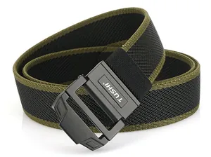 Close-up of durable black and green woven tactical belt with matte TUSHI metal buckle