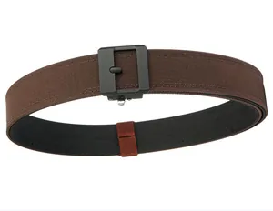 Detail of brown double-stitched nylon tactical belt with black square buckle on white background