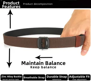 Macro detail of breathable brown tactical belt with matte black zinc alloy buckle