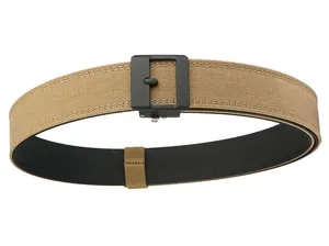 Close-up of double-layer khaki tactical nylon belt with durable matte black buckle