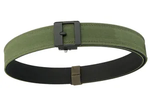 Detail view of military green tactical nylon belt with matte black buckle and reinforced stitching