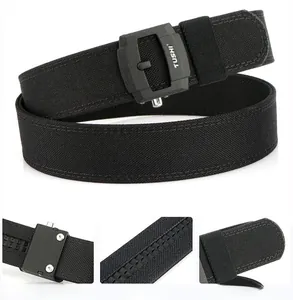 Macro detail of ergonomic black nylon tactical belt buckle and inner anti-slip track