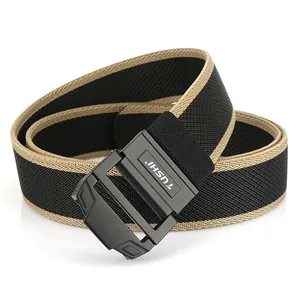 Black tactical nylon stretch belt with khaki trim and durable double ring buckle