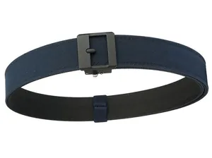 Close-up of dual-layer navy nylon tactical belt featuring a matte black automatic buckle