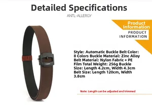 Detail view of brown nylon belt with alloy automatic buckle and exact dimensions info