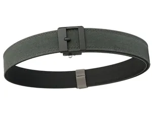 Close-up of double-layer tactical nylon belt with matte black buckle and textured strap