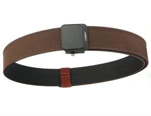 Detail of a dual-layer brown nylon tactical belt with a black automatic buckle and red loop