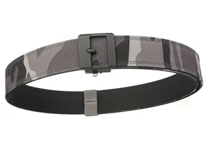 Macro shot of durable nylon tactical belt featuring city camouflage pattern and matte buckle