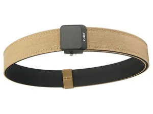 Detailed close-up of tactical nylon belt with matte black automatic buckle and logo