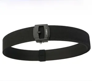 Detailed view of a black tactical belt with a matte alloy buckle and brand logo