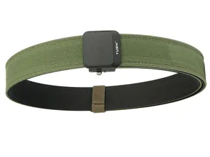 Detail of army green tactical nylon belt showing matte black buckle and durable weave