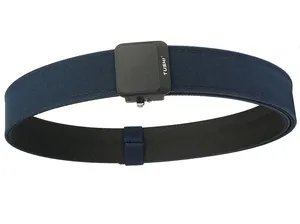 Close-up of a navy blue tactical nylon belt with a black matte buckle and TUSHI logo