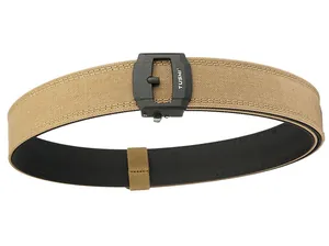 Detail of tactical nylon belt showing double-stitched tan webbing and matte black buckle