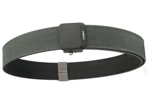 Detail of army green heavy-duty nylon tactical belt with matte black buckle and logo