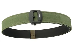Close-up of durable military green tactical belt with matte black TUSHI alloy buckle