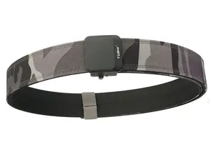 Detail of gray camouflage tactical nylon belt with durable matte black TUSHI buckle
