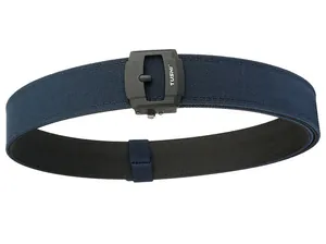Detail of dark blue nylon tactical belt with matte black buckle and reinforced stitching