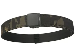 Close-up of tactical nylon belt with dark forest camouflage pattern and matte black buckle