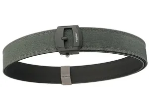 Close-up of durable tactical belt with black matte automatic buckle and TUSHI logo
