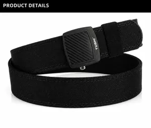 Detail of the tactical nylon belt with zinc alloy quick-release buckle and carbon fiber pattern