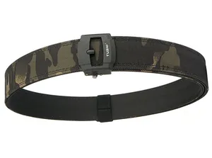 Detail of durable dual-layer camouflage tactical belt with sturdy black automatic buckle