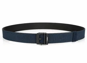 Detail of navy nylon tactical belt with matte black metal automatic buckle and logo