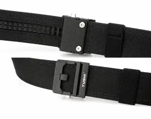 Detail of tactical buckle on double-layer nylon belt with non-slip texture and adjustable fit