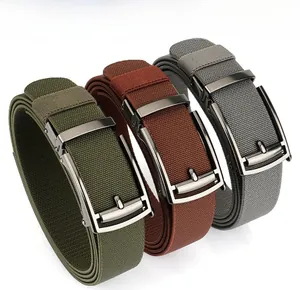 Three elastic nylon belts in army green, brown, and grey with black automatic metal buckles
