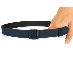 Detail of blue tactical nylon belt with zinc alloy buckle and breathable woven strap