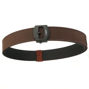 Brown nylon tactical belt with black matte buckle and TUSHI logo on a white background