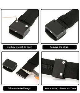 Detail showing the adjustable tactical belt length with screws and cutting tutorial steps