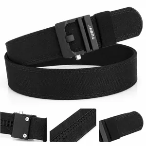 Tactical nylon belt detail showing ergonomic matte metal buckle and reinforced stitching