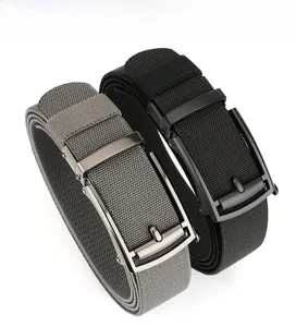 Detail view of 3.8cm wide nylon woven belts in black and grey with metal automatic buckles
