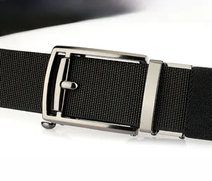 Close-up of black nylon woven belt with silver zinc alloy quick-release buckle detail