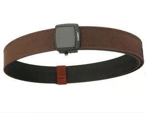 Detail of a brown double-layer thick nylon tactical belt with a black automatic buckle