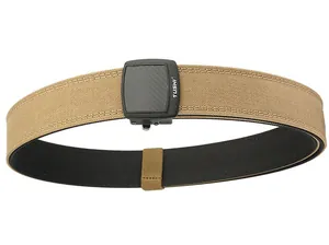 Detail of double-layer khaki nylon tactical belt with reinforced stitching and black buckle